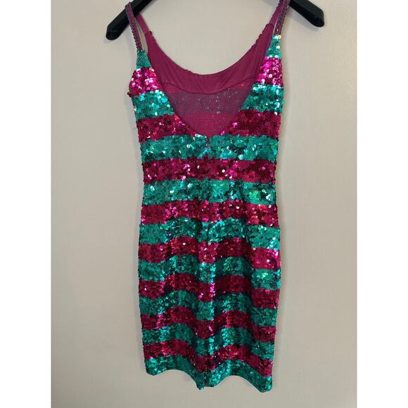Vintage 80’s Nadine Teal & Hot Pink Beaded Sequin Mini Party Dress Size Small - Picture 3 of 9